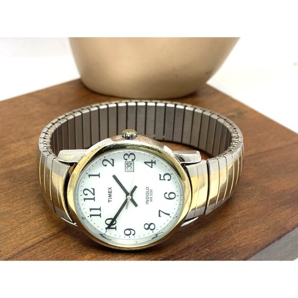 Timex Men's Watch T2H311 Indiglo White Dial Quartz Two Tone Expansion Band 35mm - Picture 8 of 14